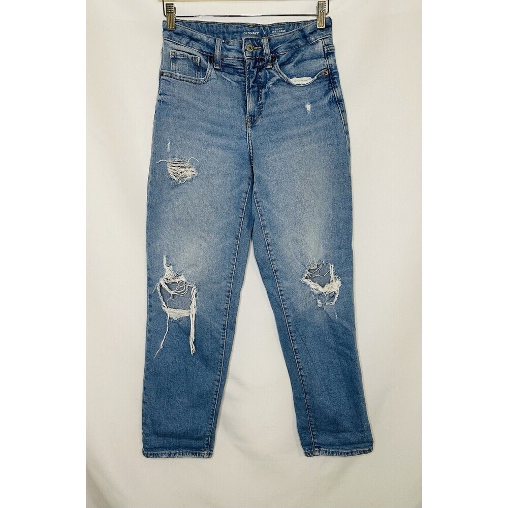 Old Navy O.G. Loose Denim Blue Jeans High Rise‎ Distressed Women's SIZE 0